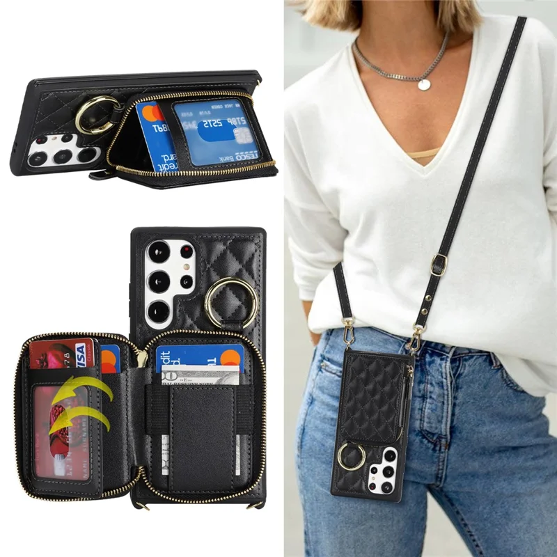 For Samsung Galaxy S23 Ultra Case Ring Holder Zipper Pocket Kickstand Leather Back Phone Cover with Shoulder Strap - Black