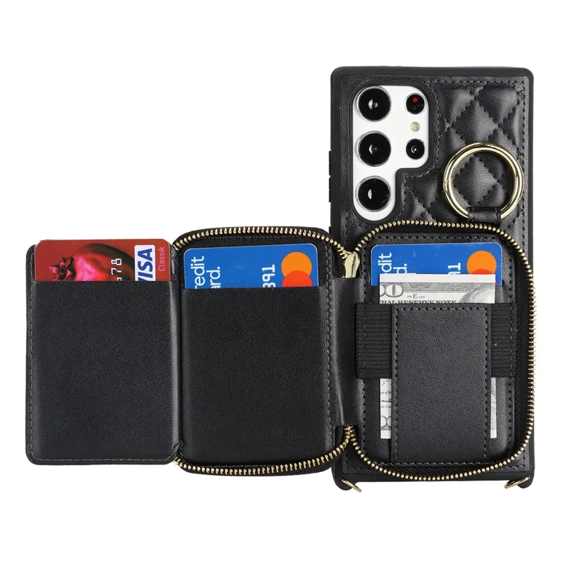 For Samsung Galaxy S23 Ultra Case Ring Holder Zipper Pocket Kickstand Leather Back Phone Cover with Shoulder Strap - Black