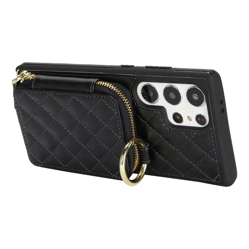 For Samsung Galaxy S23 Ultra Case Ring Holder Zipper Pocket Kickstand Leather Back Phone Cover with Shoulder Strap - Black