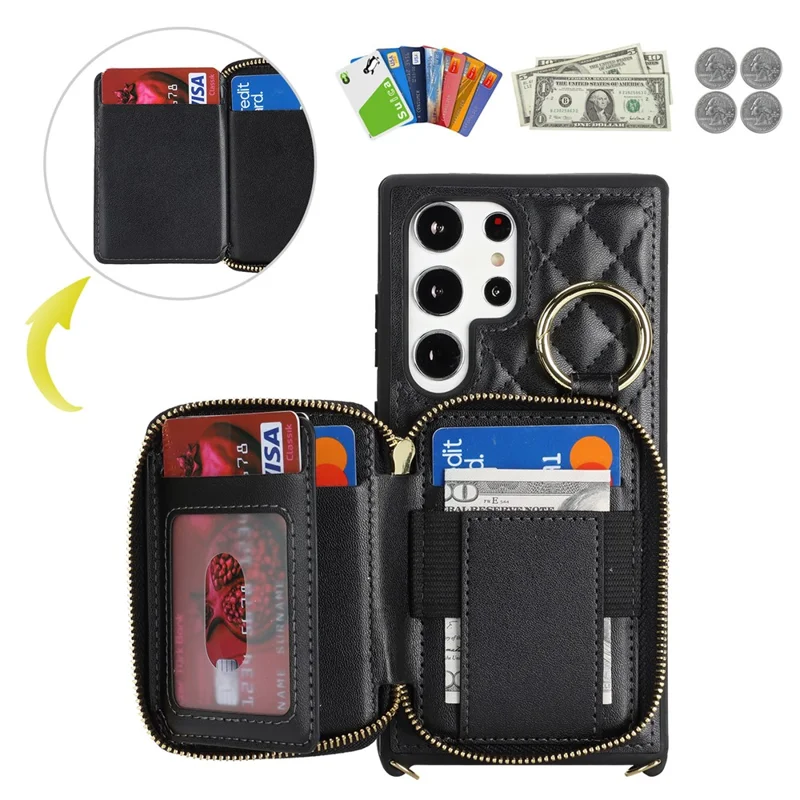 For Samsung Galaxy S23 Ultra Case Ring Holder Zipper Pocket Kickstand Leather Back Phone Cover with Shoulder Strap - Black