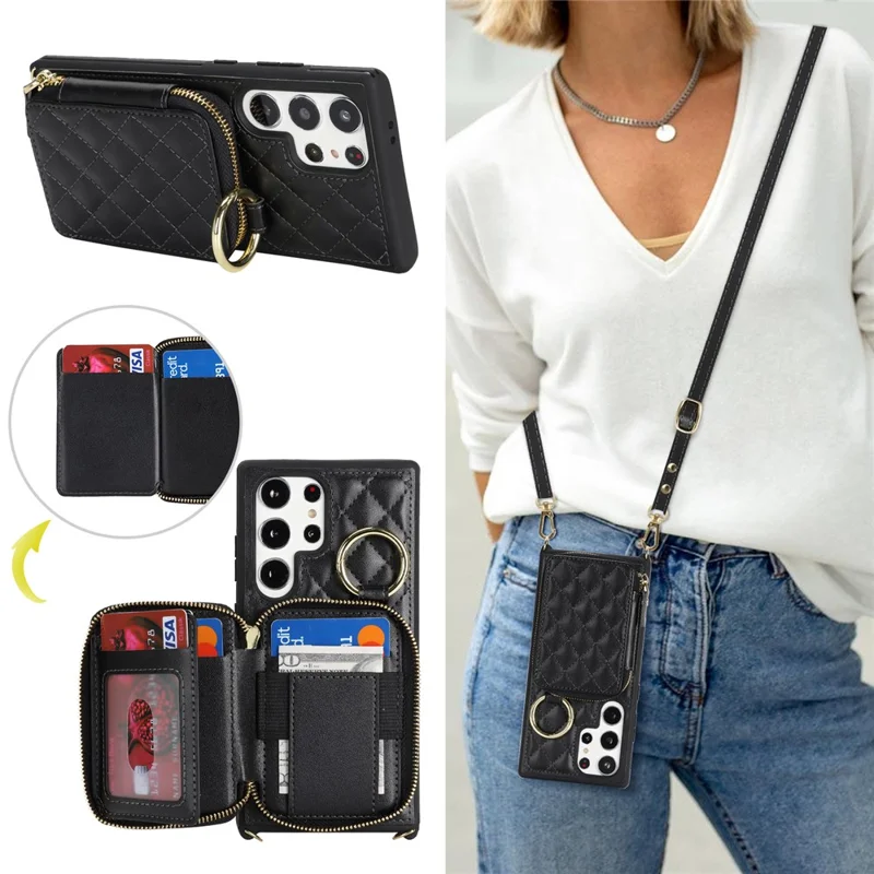 For Samsung Galaxy S23 Ultra Case Ring Holder Zipper Pocket Kickstand Leather Back Phone Cover with Shoulder Strap - Black