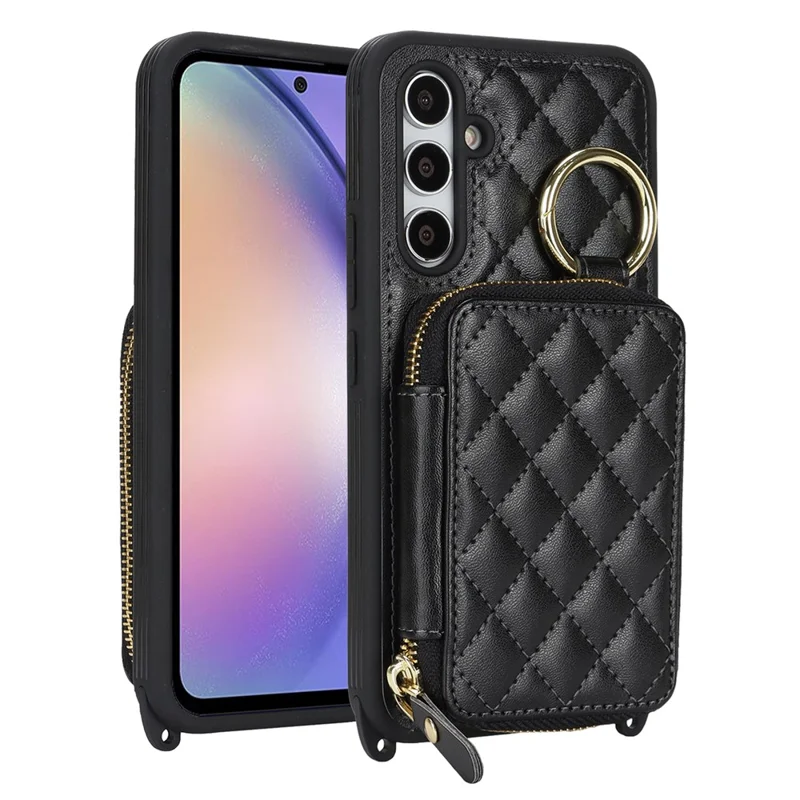 For Samsung Galaxy A54 5G Case Ring Holder Zipper Pocket Kickstand Leather Back Phone Cover with Shoulder Strap - Black
