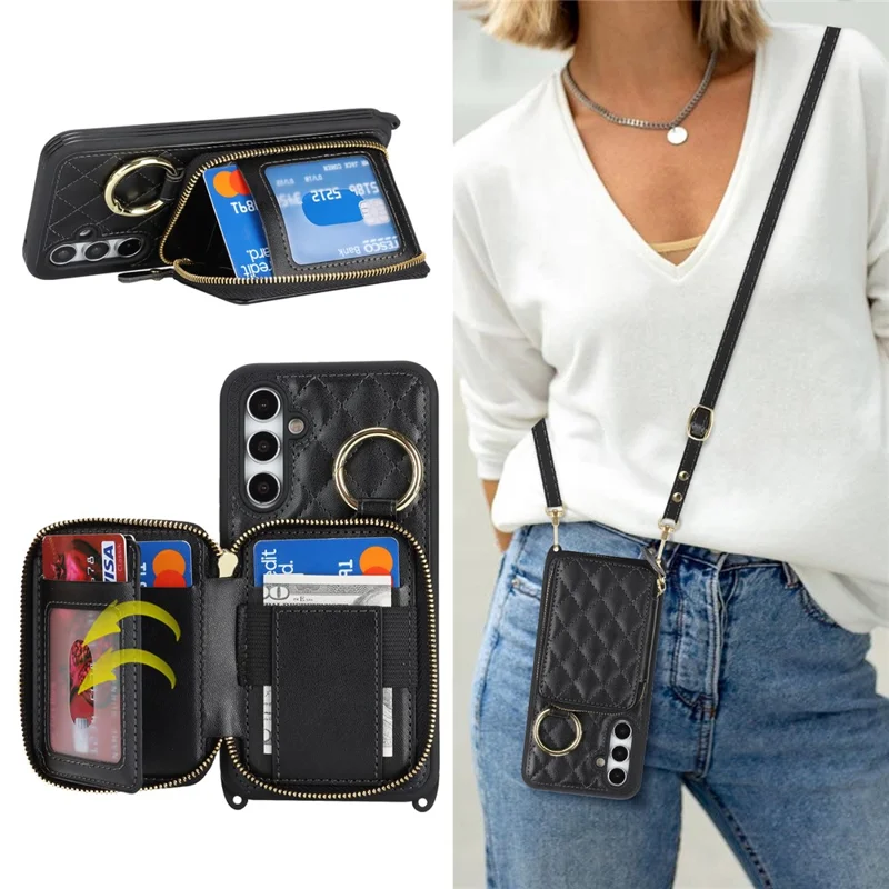 For Samsung Galaxy A54 5G Case Ring Holder Zipper Pocket Kickstand Leather Back Phone Cover with Shoulder Strap - Black