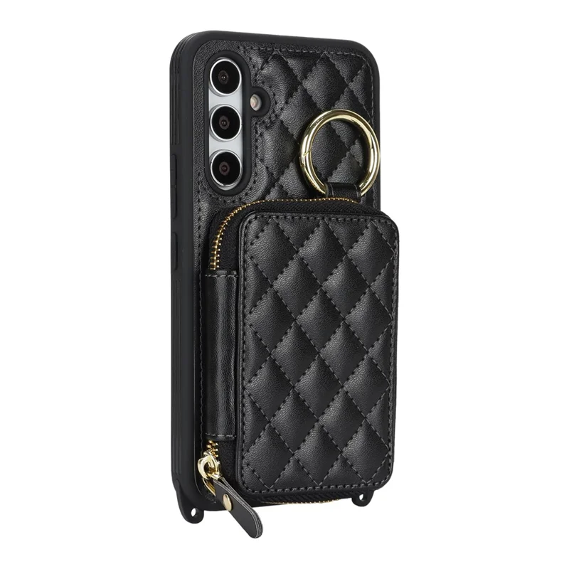 For Samsung Galaxy A54 5G Case Ring Holder Zipper Pocket Kickstand Leather Back Phone Cover with Shoulder Strap - Black