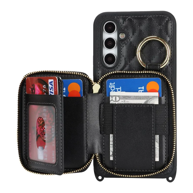 For Samsung Galaxy A54 5G Case Ring Holder Zipper Pocket Kickstand Leather Back Phone Cover with Shoulder Strap - Black