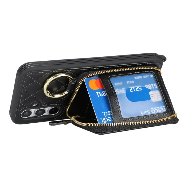 For Samsung Galaxy A54 5G Case Ring Holder Zipper Pocket Kickstand Leather Back Phone Cover with Shoulder Strap - Black