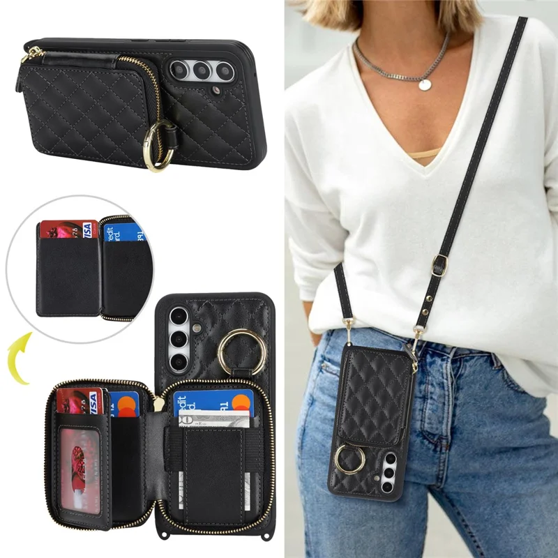 For Samsung Galaxy A54 5G Case Ring Holder Zipper Pocket Kickstand Leather Back Phone Cover with Shoulder Strap - Black