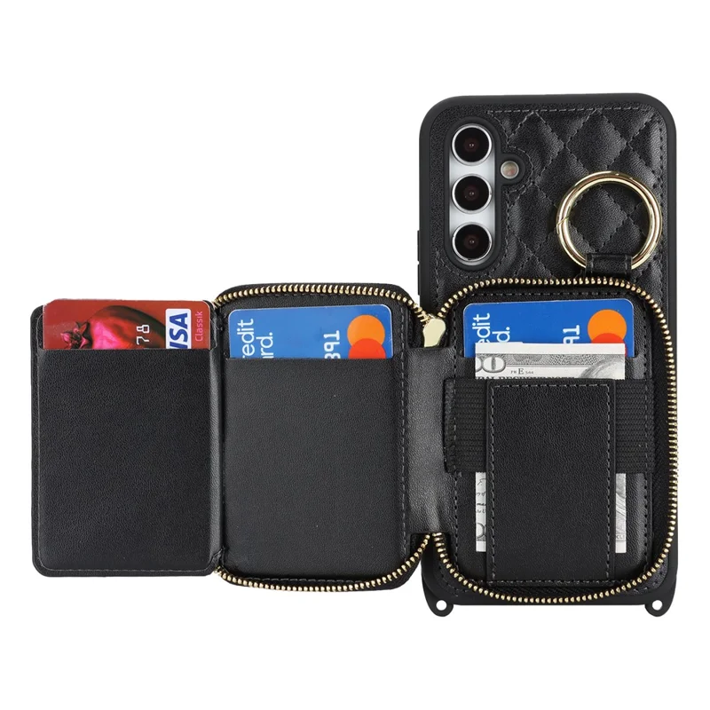 For Samsung Galaxy A54 5G Case Ring Holder Zipper Pocket Kickstand Leather Back Phone Cover with Shoulder Strap - Black