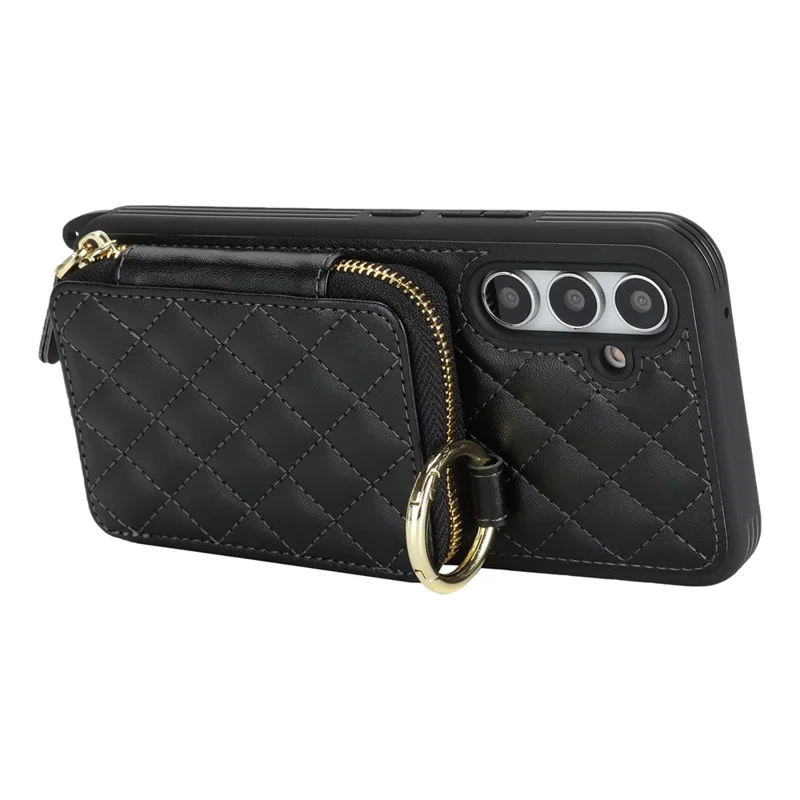 For Samsung Galaxy A54 5G Case Ring Holder Zipper Pocket Kickstand Leather Back Phone Cover with Shoulder Strap - Black