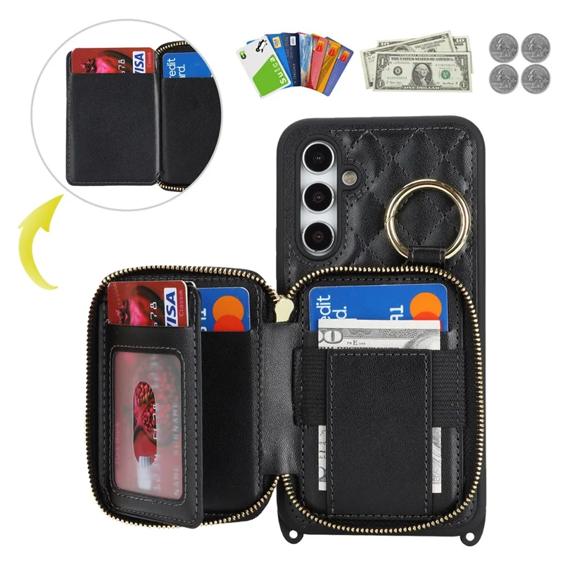 For Samsung Galaxy A54 5G Case Ring Holder Zipper Pocket Kickstand Leather Back Phone Cover with Shoulder Strap - Black