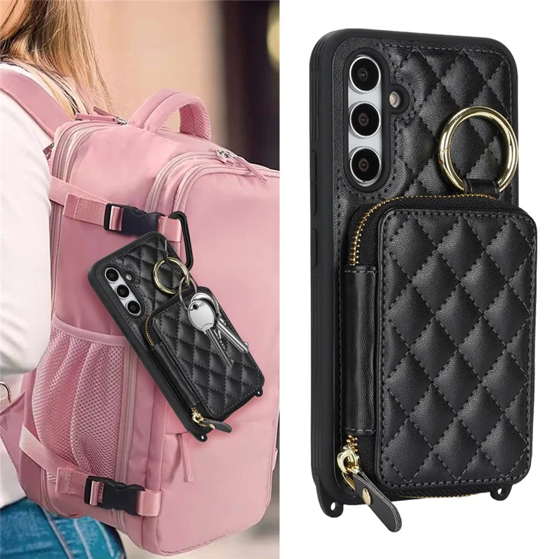 For Samsung Galaxy A54 5G Case Ring Holder Zipper Pocket Kickstand Leather Back Phone Cover with Shoulder Strap - Black