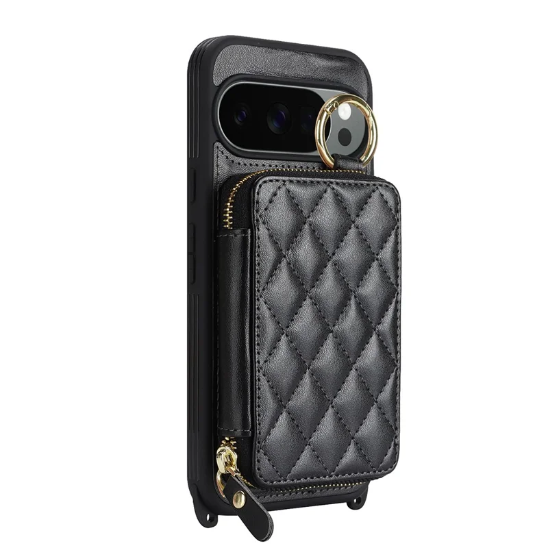 For Google Pixel 10 Pro XL Case Ring Holder Zipper Pocket Kickstand Leather Back Phone Cover with Shoulder Strap - Black