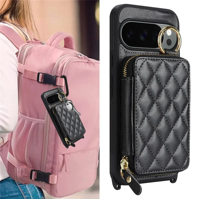 For Google Pixel 10 Pro XL Case Ring Holder Zipper Pocket Kickstand Leather Back Phone Cover with Shoulder Strap - Black