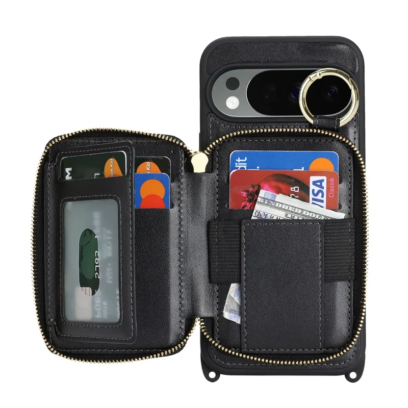 For Google Pixel 10 Pro XL Case Ring Holder Zipper Pocket Kickstand Leather Back Phone Cover with Shoulder Strap - Black