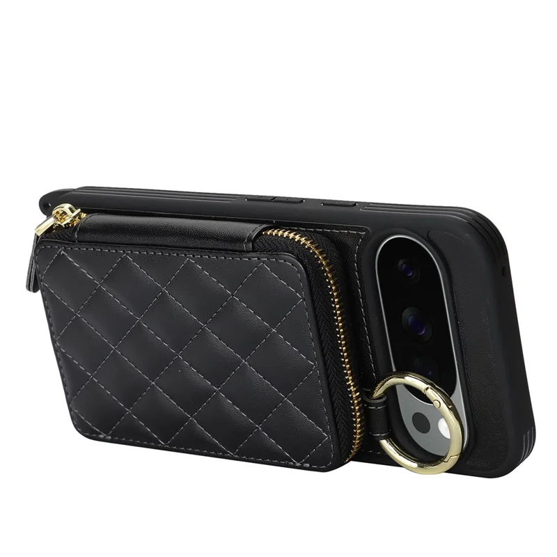 For Google Pixel 10 Pro XL Case Ring Holder Zipper Pocket Kickstand Leather Back Phone Cover with Shoulder Strap - Black