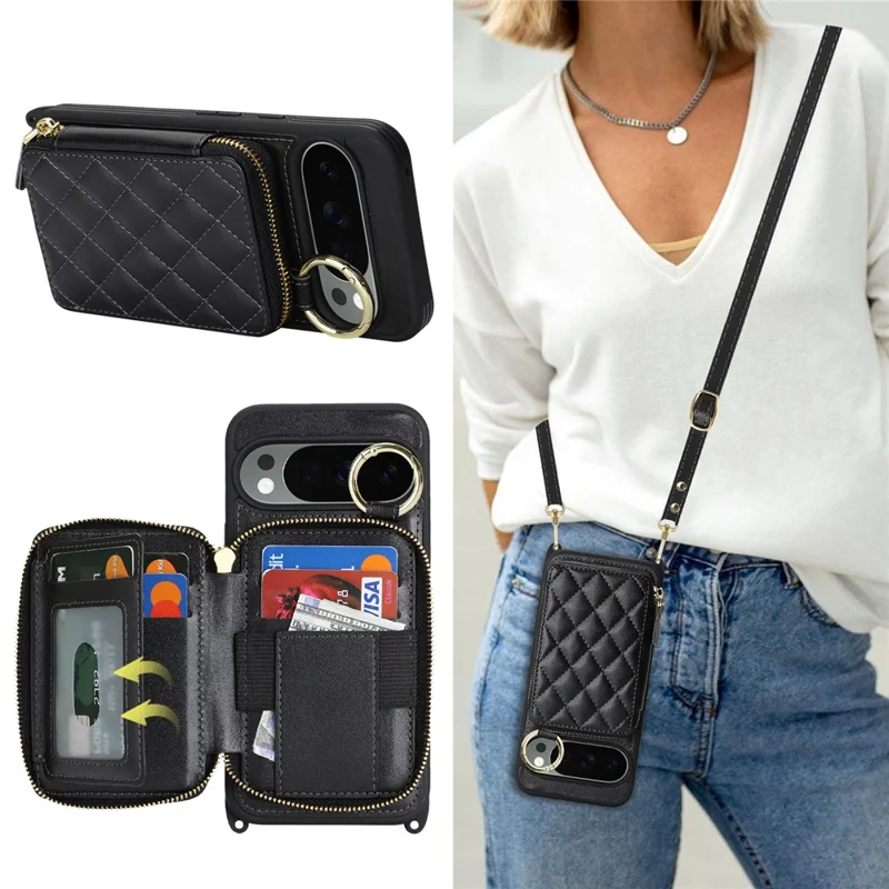 For Google Pixel 10 Pro XL Case Ring Holder Zipper Pocket Kickstand Leather Back Phone Cover with Shoulder Strap - Black