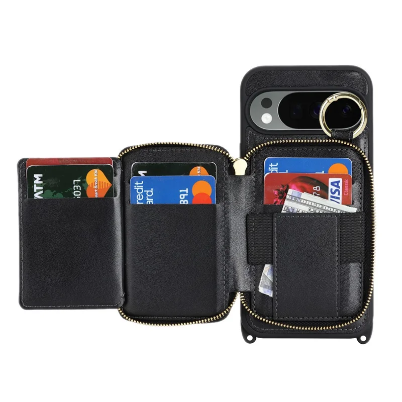 For Google Pixel 10 Pro XL Case Ring Holder Zipper Pocket Kickstand Leather Back Phone Cover with Shoulder Strap - Black