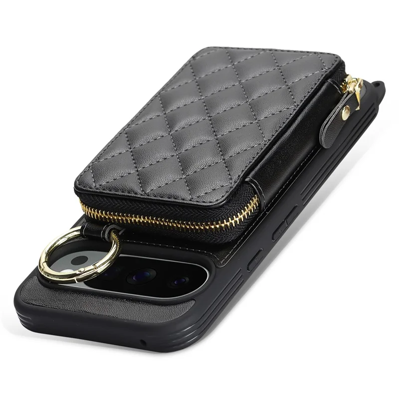 For Google Pixel 10 Pro XL Case Ring Holder Zipper Pocket Kickstand Leather Back Phone Cover with Shoulder Strap - Black