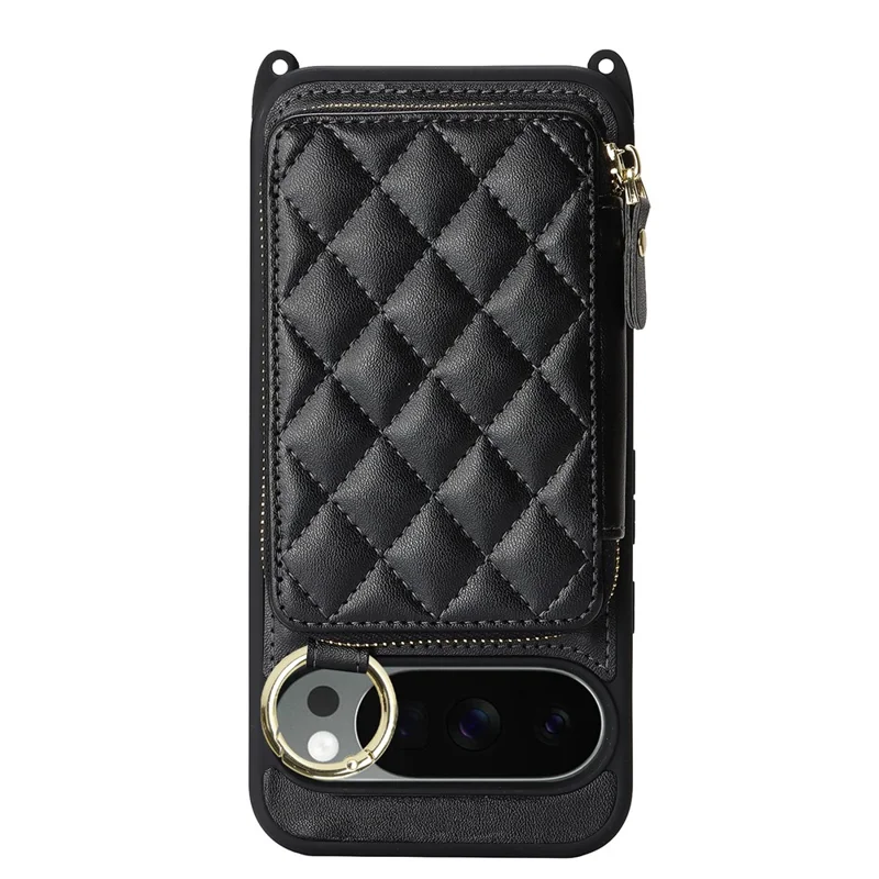 For Google Pixel 10 Pro XL Case Ring Holder Zipper Pocket Kickstand Leather Back Phone Cover with Shoulder Strap - Black