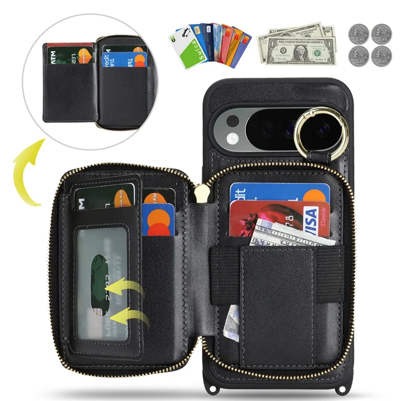 For Google Pixel 10 Pro XL Case Ring Holder Zipper Pocket Kickstand Leather Back Phone Cover with Shoulder Strap - Black