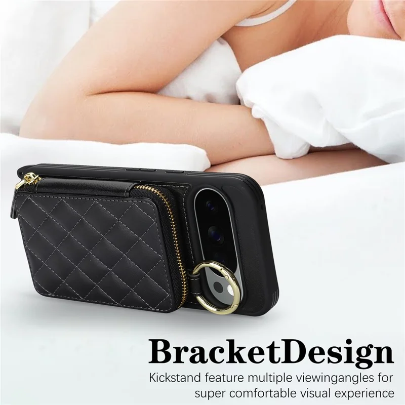 For Google Pixel 10 Pro XL Case Ring Holder Zipper Pocket Kickstand Leather Back Phone Cover with Shoulder Strap - Black