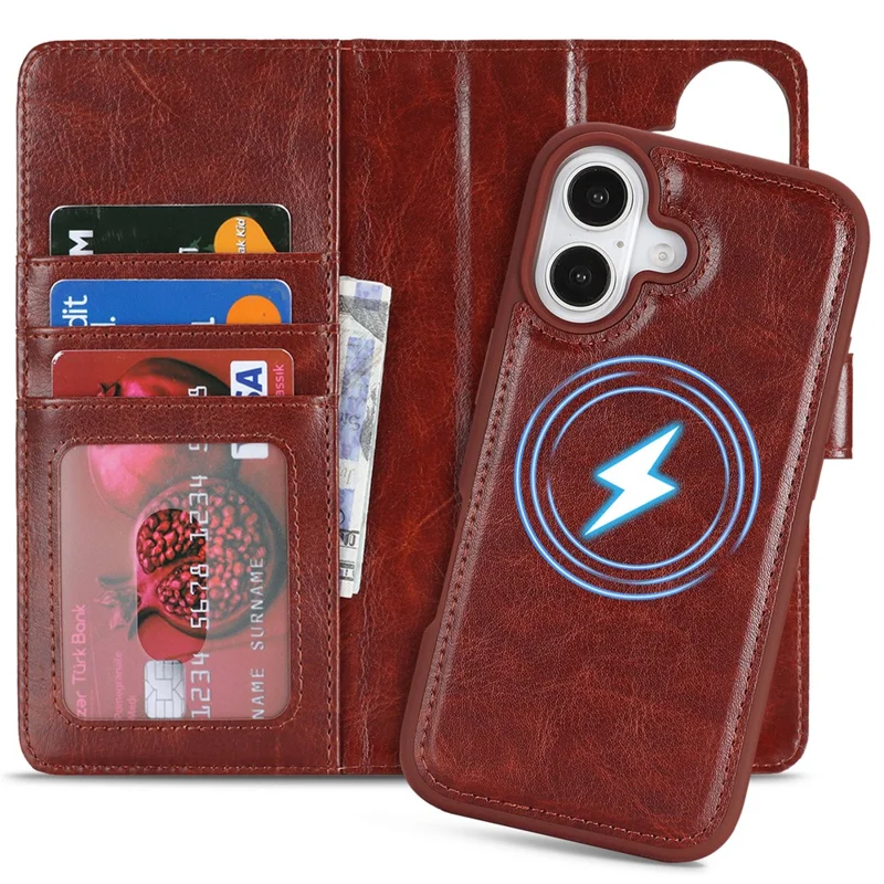 For iPhone 17 Magnetic Case Anti-Drop Detachable Wallet PU Leather Phone Cover - Dark Brown