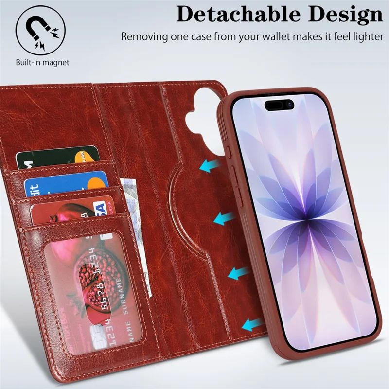 For iPhone 17 Magnetic Case Anti-Drop Detachable Wallet PU Leather Phone Cover - Dark Brown