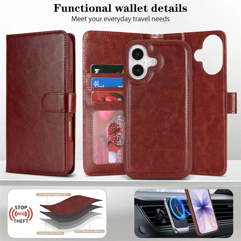 For iPhone 17 Magnetic Case Anti-Drop Detachable Wallet PU Leather Phone Cover - Dark Brown