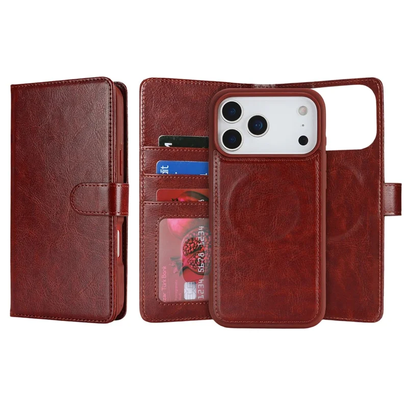 For iPhone 17 Pro Magnetic Case Anti-Drop Detachable Wallet PU Leather Phone Cover - Dark Brown