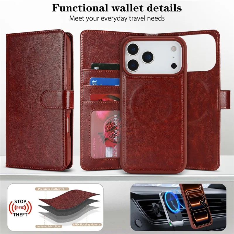 For iPhone 17 Pro Magnetic Case Anti-Drop Detachable Wallet PU Leather Phone Cover - Dark Brown