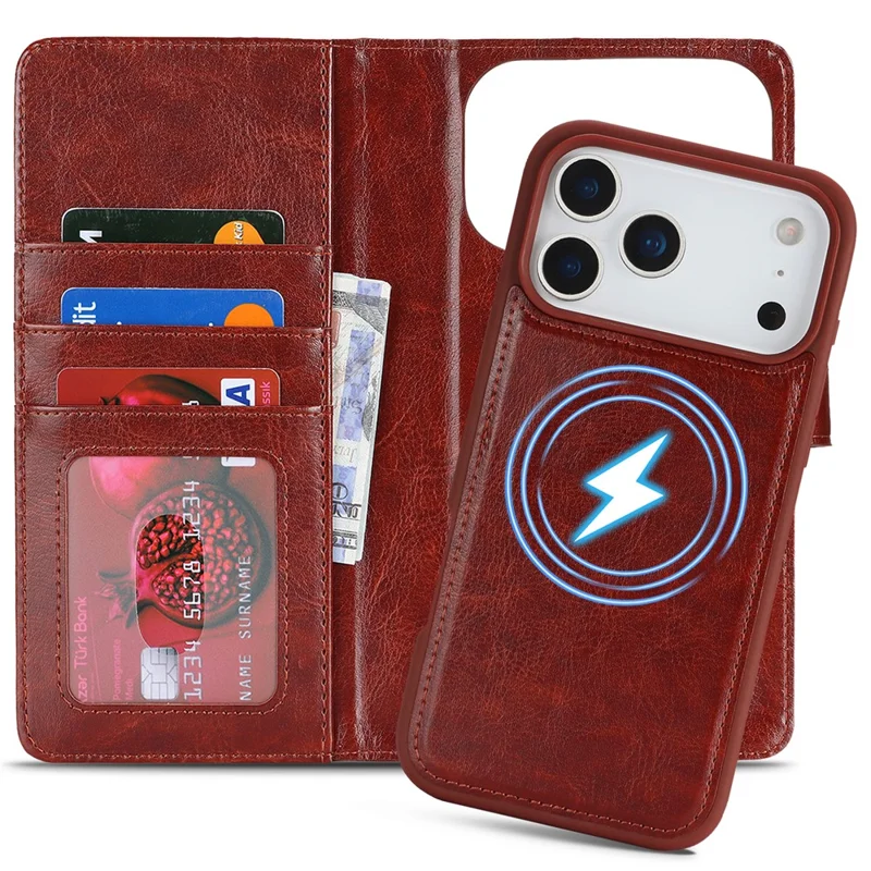 For iPhone 17 Pro Magnetic Case Anti-Drop Detachable Wallet PU Leather Phone Cover - Dark Brown