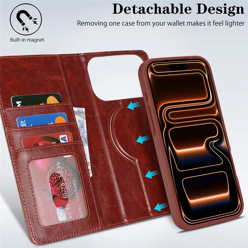 For iPhone 17 Pro Magnetic Case Anti-Drop Detachable Wallet PU Leather Phone Cover - Dark Brown