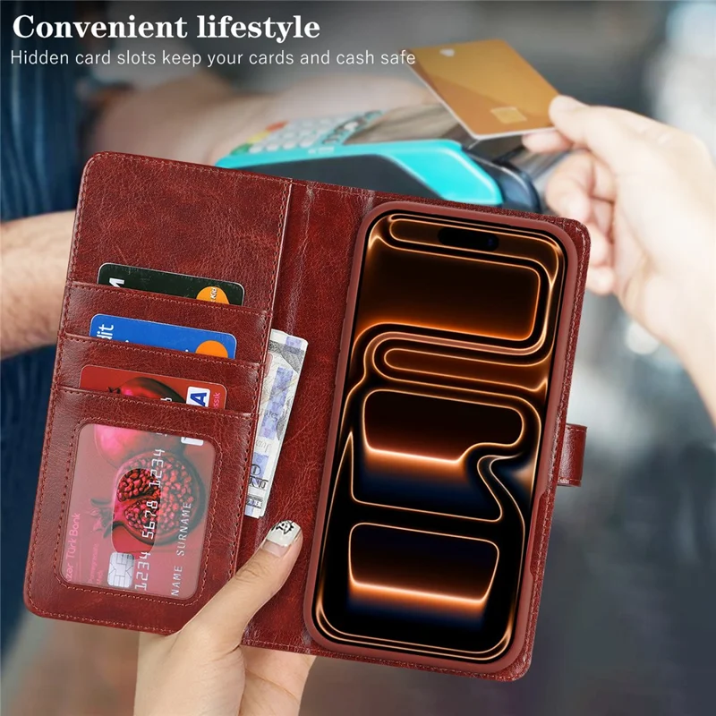 For iPhone 17 Pro Magnetic Case Anti-Drop Detachable Wallet PU Leather Phone Cover - Dark Brown