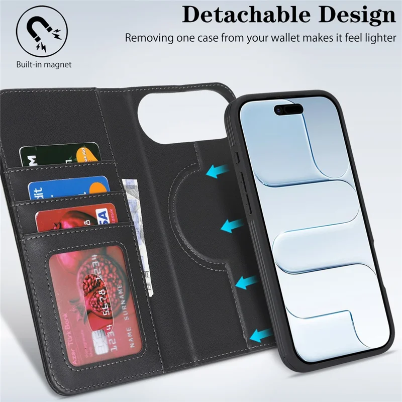 For iPhone Air Magnetic Case Anti-Drop Detachable Wallet PU Leather Phone Cover - Black
