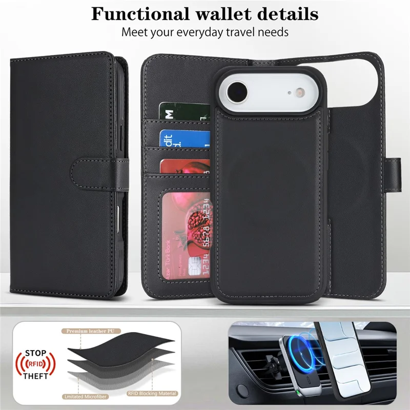 For iPhone Air Magnetic Case Anti-Drop Detachable Wallet PU Leather Phone Cover - Black