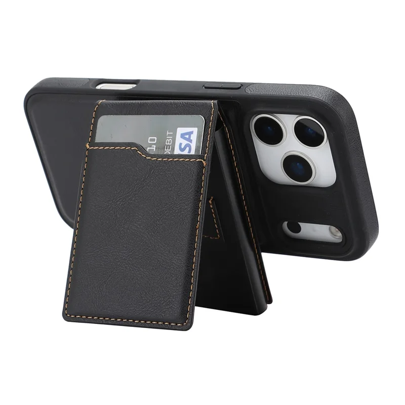 For iPhone 17 Pro Magnetic Cover Kickstand Leather Back Phone Shell with Detachable Pop-Up Card Case - Black