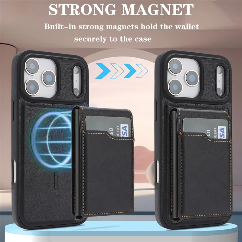 For iPhone 17 Pro Magnetic Cover Kickstand Leather Back Phone Shell with Detachable Pop-Up Card Case - Black