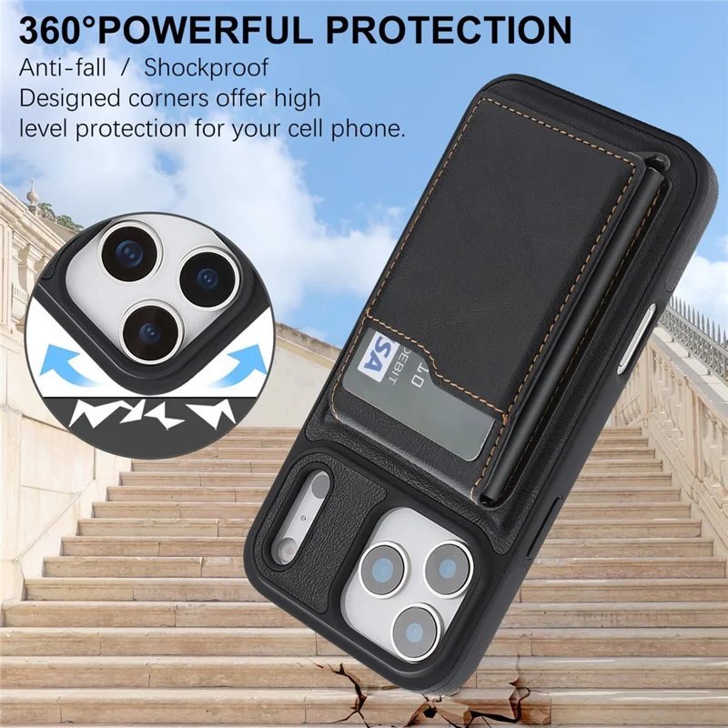 For iPhone 17 Pro Magnetic Cover Kickstand Leather Back Phone Shell with Detachable Pop-Up Card Case - Black