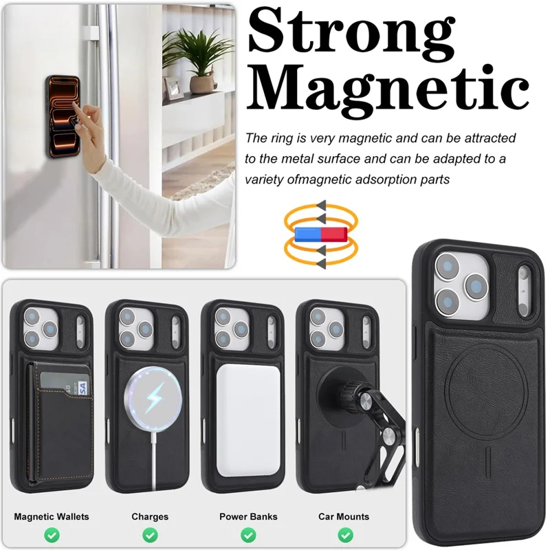 For iPhone 17 Pro Max Magnetic Cover Kickstand Leather Back Phone Shell with Detachable Pop-Up Card Case - Black