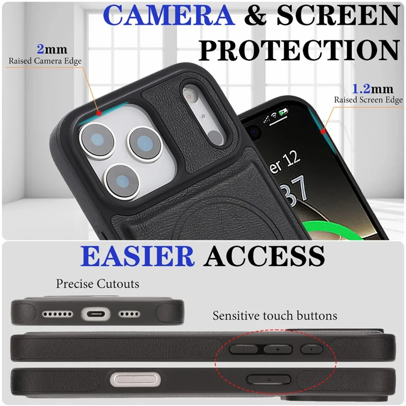 For iPhone 17 Pro Max Magnetic Cover Kickstand Leather Back Phone Shell with Detachable Pop-Up Card Case - Black