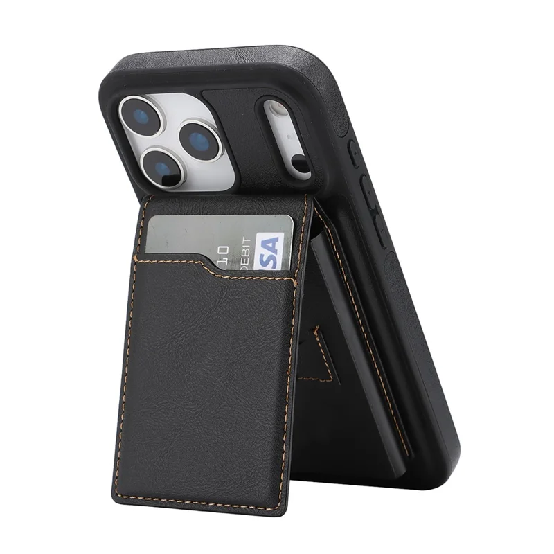 For iPhone 17 Pro Max Magnetic Cover Kickstand Leather Back Phone Shell with Detachable Pop-Up Card Case - Black