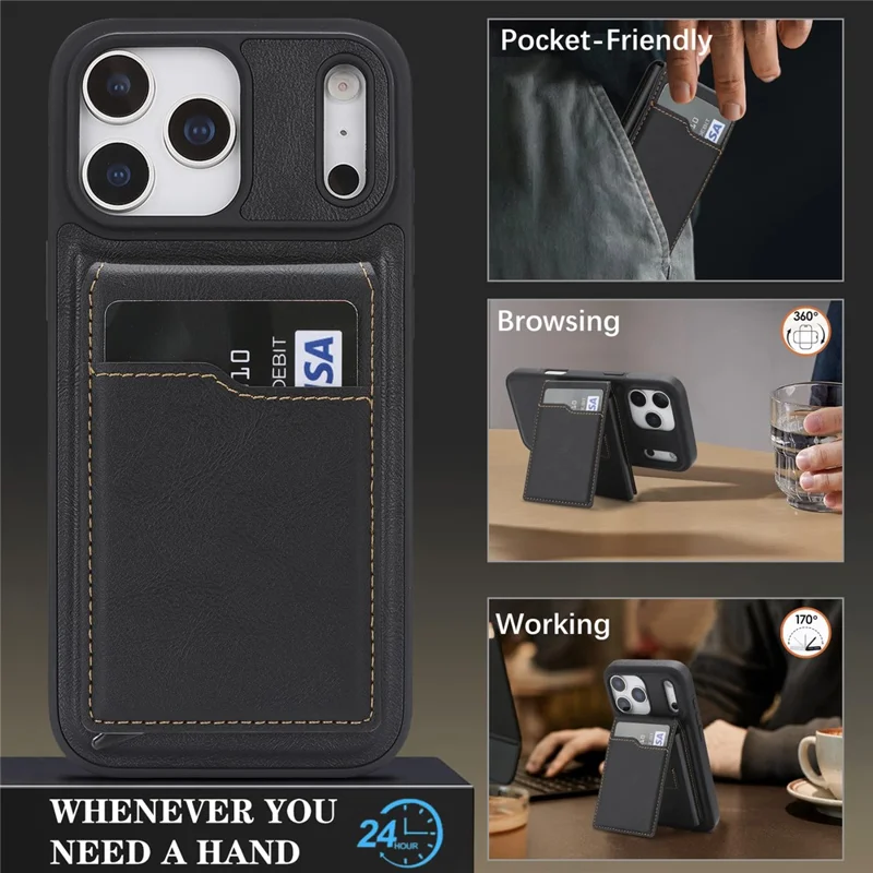For iPhone 17 Pro Max Magnetic Cover Kickstand Leather Back Phone Shell with Detachable Pop-Up Card Case - Black