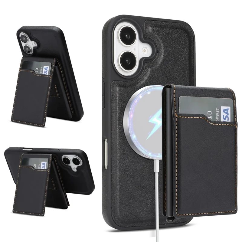 For iPhone 17 Magnetic Cover Kickstand Leather Back Phone Shell with Detachable Pop-Up Card Case - Black