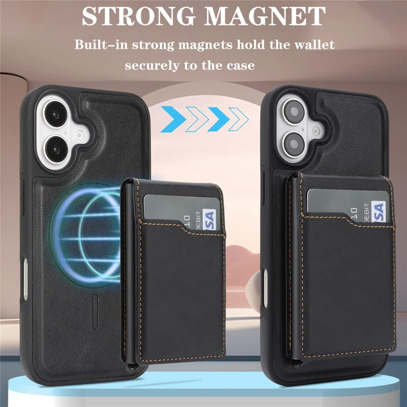 For iPhone 17 Magnetic Cover Kickstand Leather Back Phone Shell with Detachable Pop-Up Card Case - Black