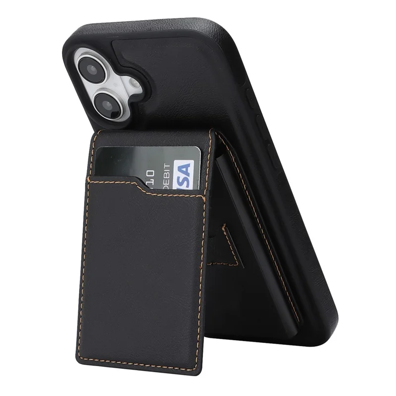 For iPhone 16 Magnetic Cover Kickstand Leather Back Phone Shell with Detachable Pop-Up Card Case - Black