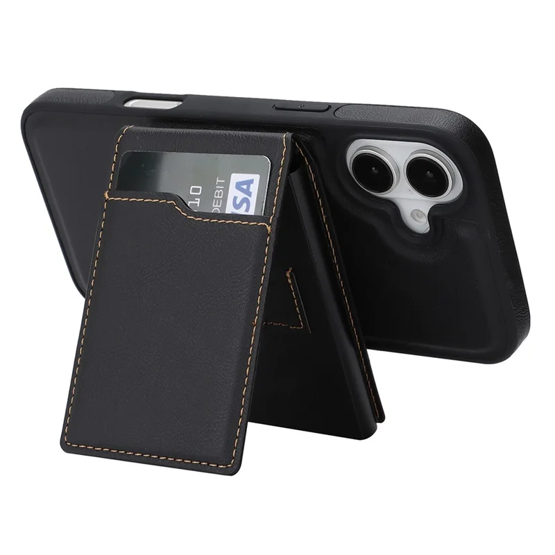 For iPhone 16 Magnetic Cover Kickstand Leather Back Phone Shell with Detachable Pop-Up Card Case - Black