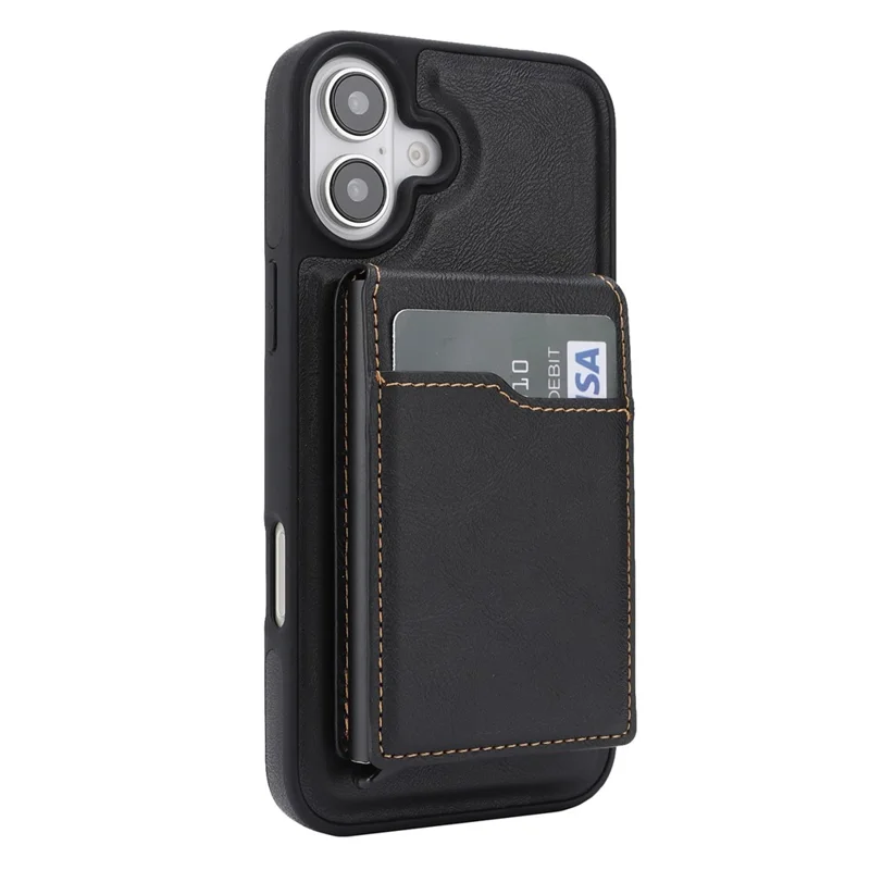 For iPhone 16 Magnetic Cover Kickstand Leather Back Phone Shell with Detachable Pop-Up Card Case - Black