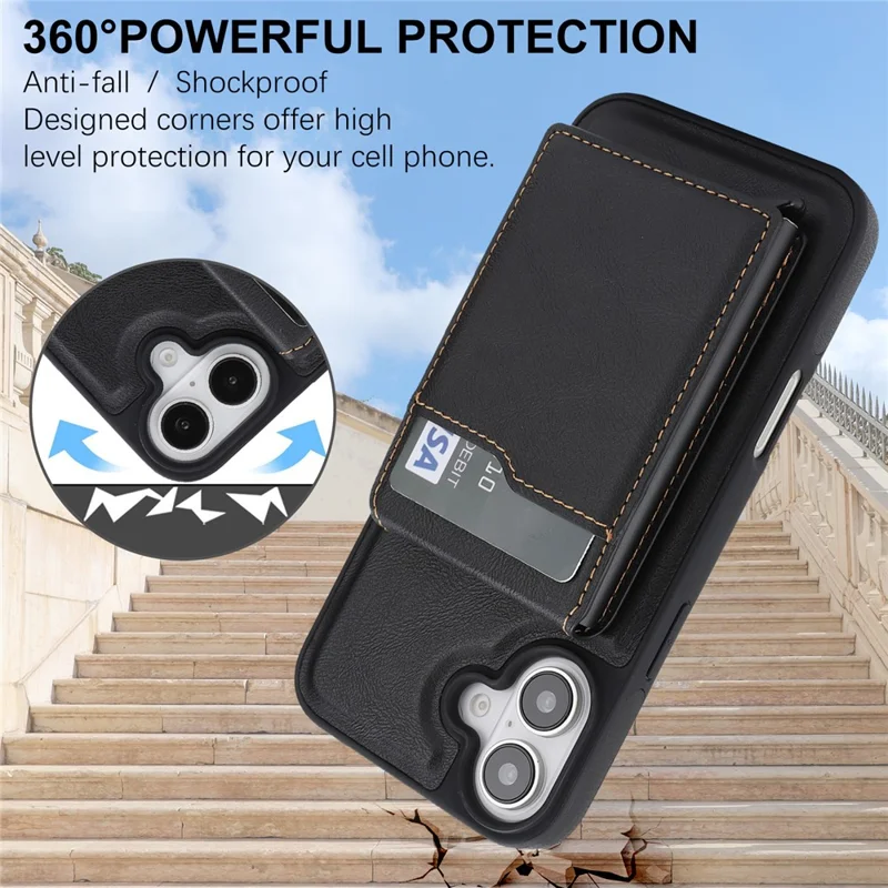 For iPhone 16 Magnetic Cover Kickstand Leather Back Phone Shell with Detachable Pop-Up Card Case - Black