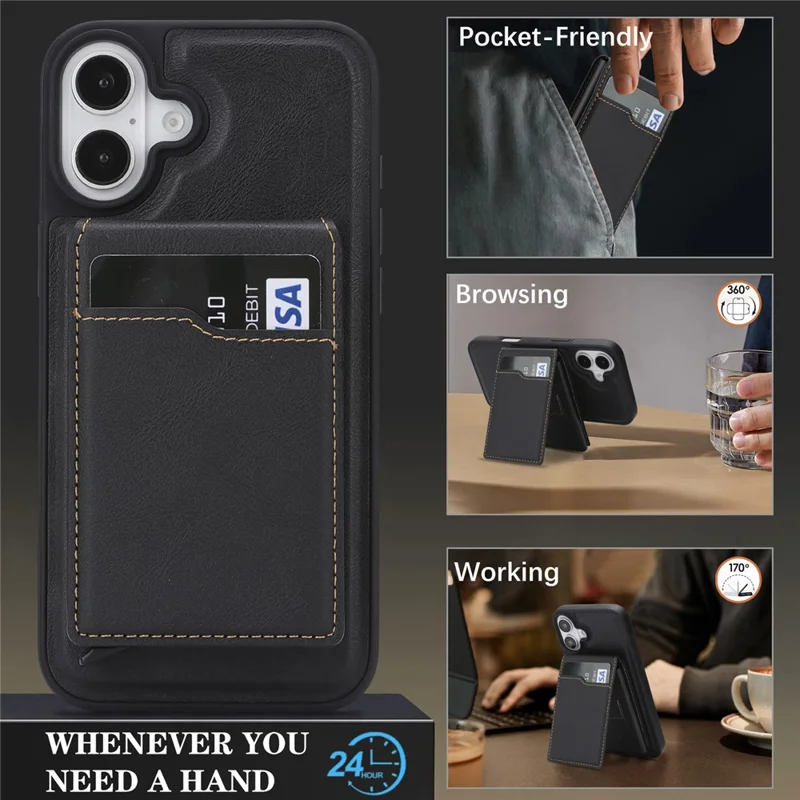 For iPhone 16 Magnetic Cover Kickstand Leather Back Phone Shell with Detachable Pop-Up Card Case - Black