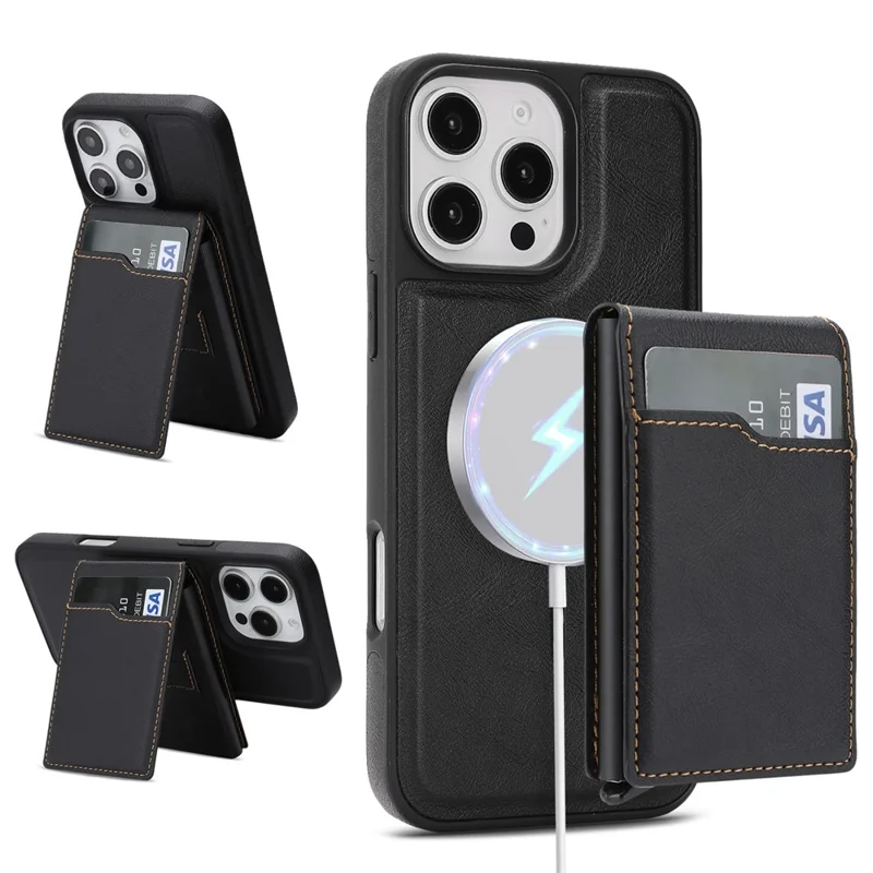 For iPhone 16 Pro Magnetic Cover Kickstand Leather Back Phone Shell with Detachable Pop-Up Card Case - Black